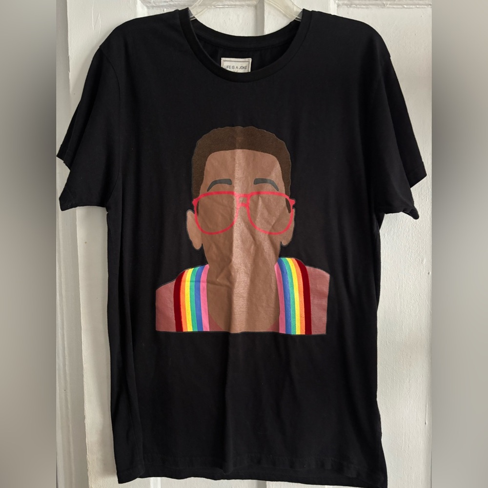 ELEVEN PARIS Life Is a Joke Steve Urkel Graphic Shirt Mens Medium Black Rainbow